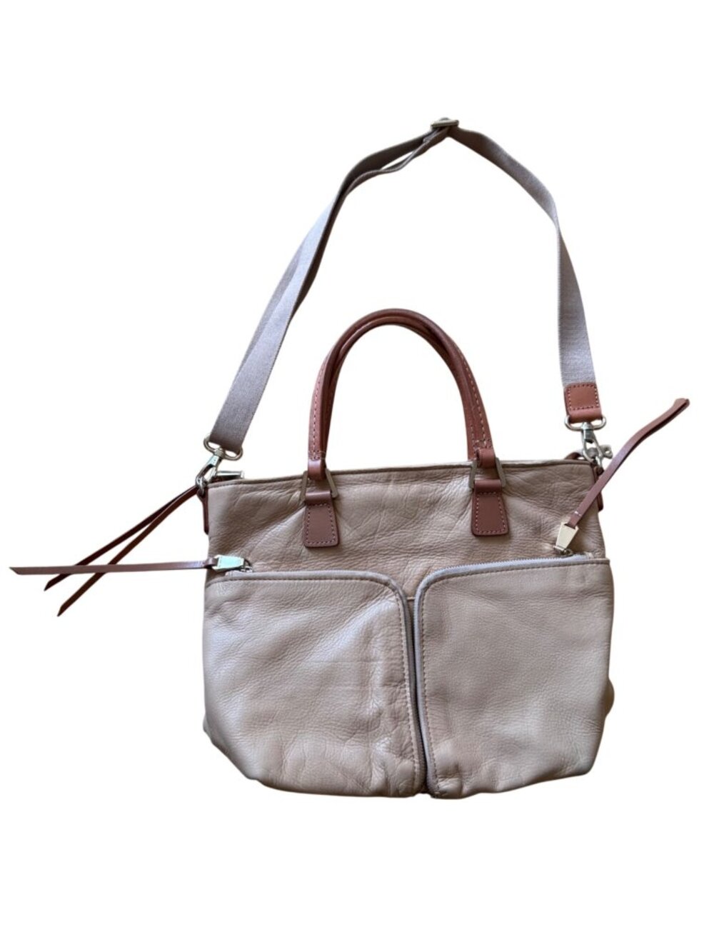 Christopher Kon Leather Light tan/beige Tote Bag Adjustable Strap Dual Front Zi